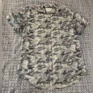 Denim and flower button down palm leaves